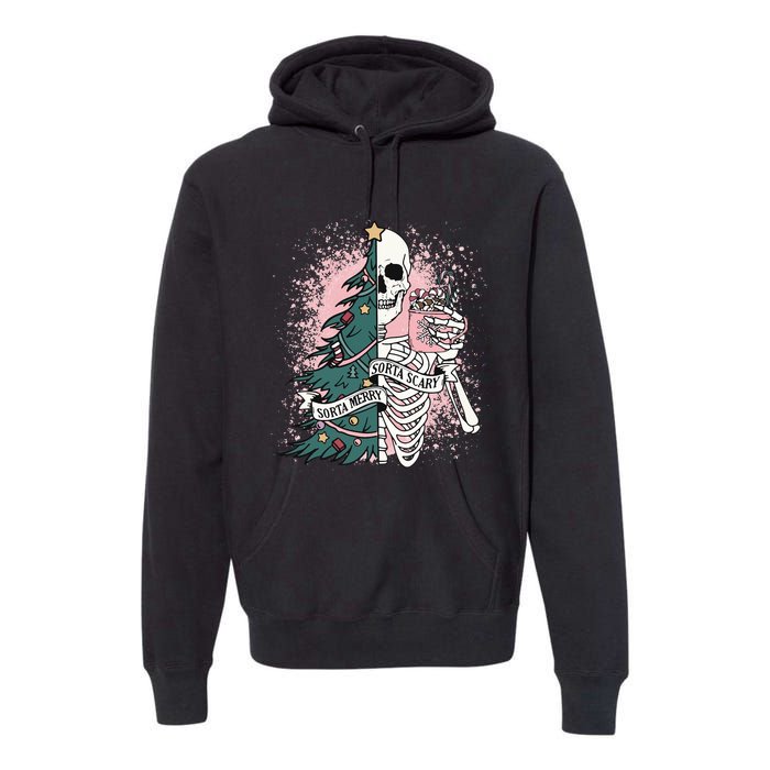 Sorta Merry Sorta Scary Funny Christmas Skeleton Bleached  Premium Hoodie