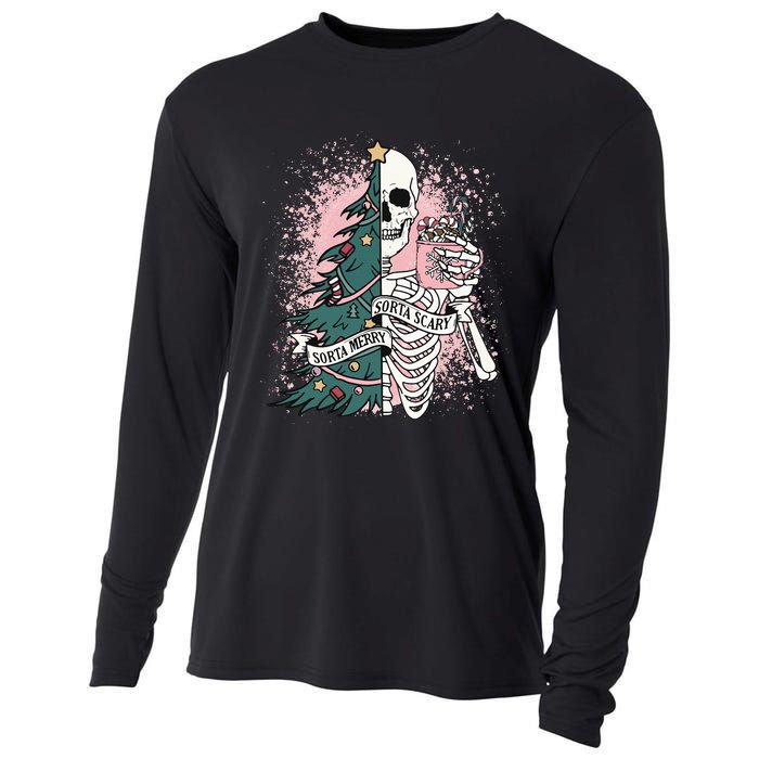 Sorta Merry Sorta Scary Funny Christmas Skeleton Bleached  Cooling Performance Long Sleeve Crew