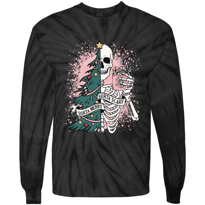 Sorta Merry Sorta Scary Funny Christmas Skeleton Bleached  Tie-Dye Long Sleeve Shirt