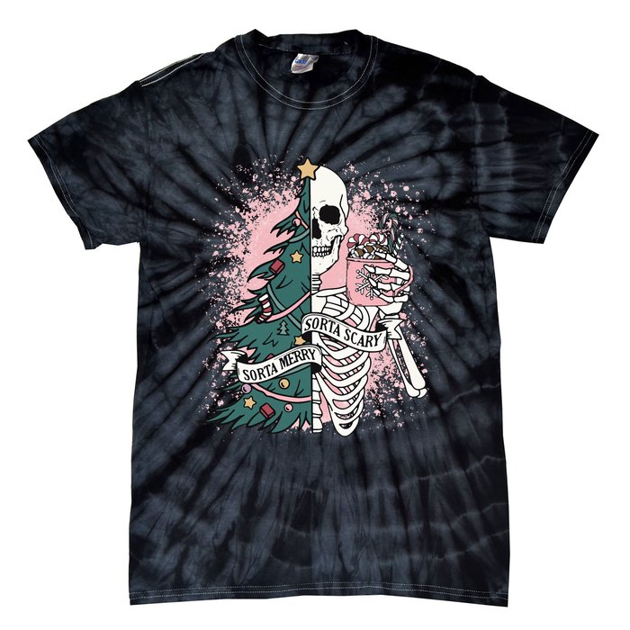 Sorta Merry Sorta Scary Funny Christmas Skeleton Bleached  Tie-Dye T-Shirt