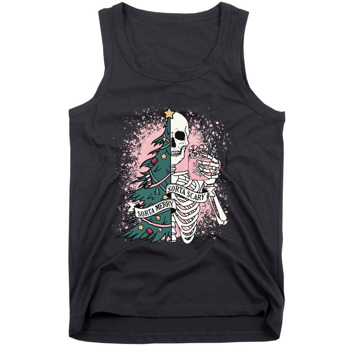 Sorta Merry Sorta Scary Funny Christmas Skeleton Bleached  Tank Top