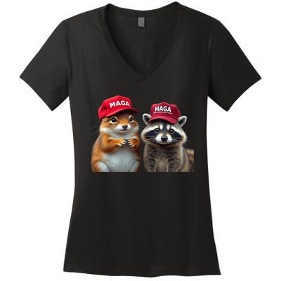 Social Media Star Peanut The Squirrel & Fred The Raccoon Maga Women's V-Neck T-Shirt