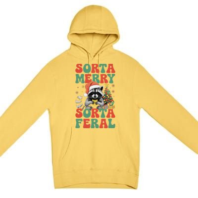 Sorta Merry Sorta Feral Cute Raccoon Christmas Holiday Premium Pullover Hoodie