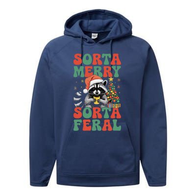 Sorta Merry Sorta Feral Cute Raccoon Christmas Holiday Performance Fleece Hoodie