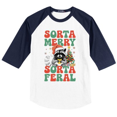 Sorta Merry Sorta Feral Cute Raccoon Christmas Holiday Baseball Sleeve Shirt