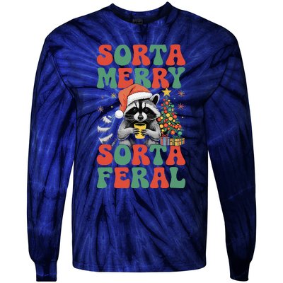 Sorta Merry Sorta Feral Cute Raccoon Christmas Holiday Tie-Dye Long Sleeve Shirt