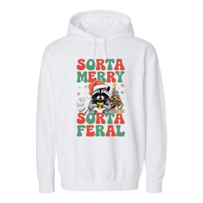 Sorta Merry Sorta Feral Cute Raccoon Christmas Holiday Garment-Dyed Fleece Hoodie