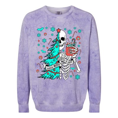 Sorta Merry Sorta Scary Funny Christmas Skeleton Tree Santa Gift Colorblast Crewneck Sweatshirt