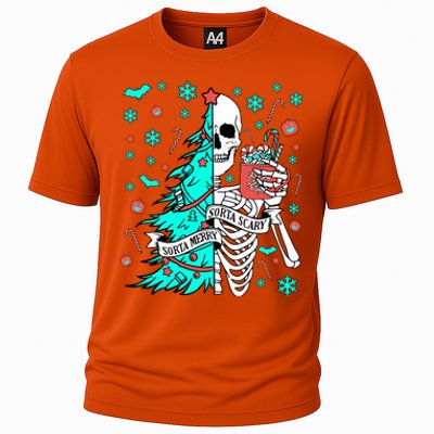 Sorta Merry Sorta Scary Funny Christmas Skeleton Tree Santa Gift Cooling Performance Crew T-Shirt