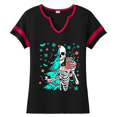 Sorta Merry Sorta Scary Funny Christmas Skeleton Tree Santa Gift Ladies Halftime Notch Neck Tee