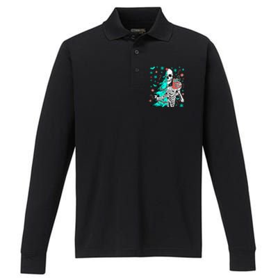 Sorta Merry Sorta Scary Funny Christmas Skeleton Tree Santa Gift Performance Long Sleeve Polo