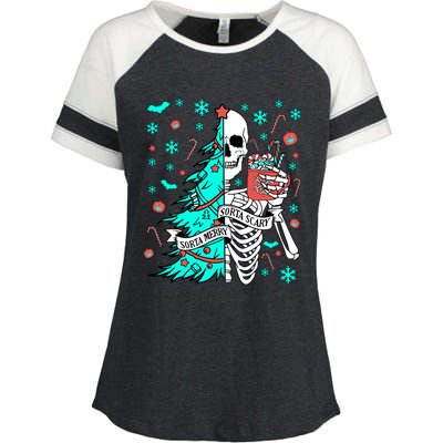 Sorta Merry Sorta Scary Funny Christmas Skeleton Tree Santa Gift Enza Ladies Jersey Colorblock Tee