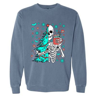 Sorta Merry Sorta Scary Funny Christmas Skeleton Tree Santa Gift Garment-Dyed Sweatshirt