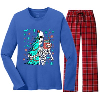 Sorta Merry Sorta Scary Funny Christmas Skeleton Tree Santa Gift Women's Long Sleeve Flannel Pajama Set 