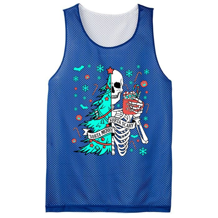 Sorta Merry Sorta Scary Funny Christmas Skeleton Tree Santa Gift Mesh Reversible Basketball Jersey Tank