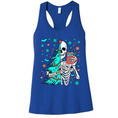 Sorta Merry Sorta Scary Funny Christmas Skeleton Tree Santa Gift Women's Racerback Tank