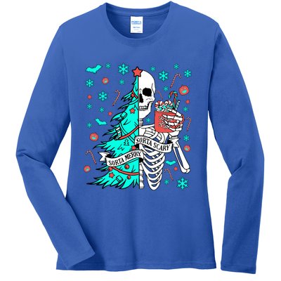 Sorta Merry Sorta Scary Funny Christmas Skeleton Tree Santa Gift Ladies Long Sleeve Shirt