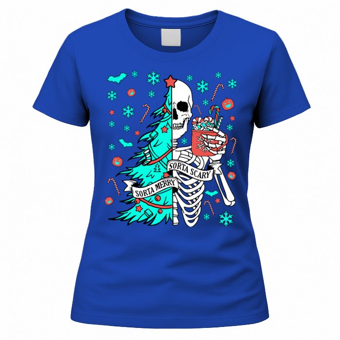 Sorta Merry Sorta Scary Funny Christmas Skeleton Tree Santa Gift Women's T-Shirt