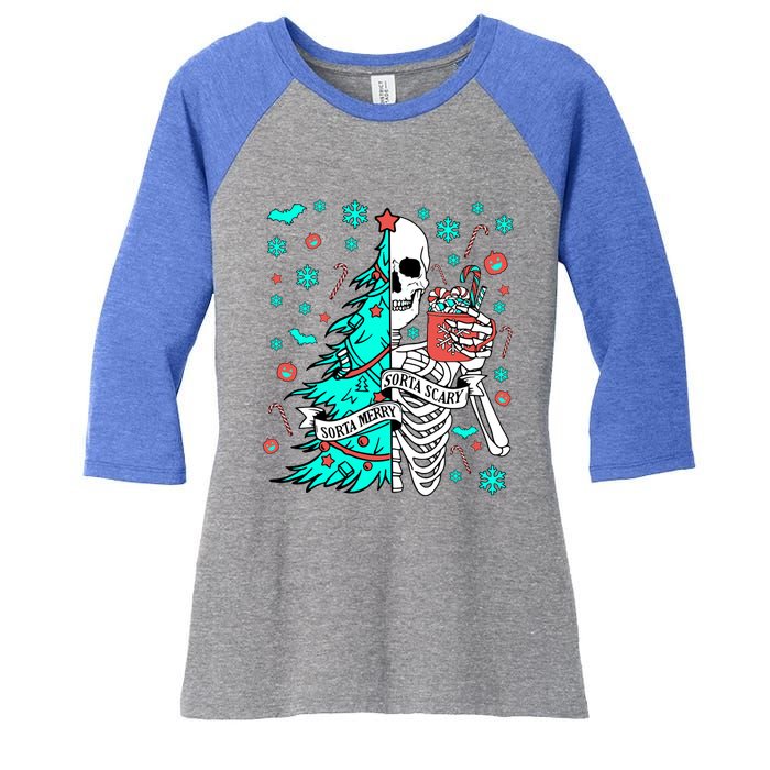 Sorta Merry Sorta Scary Funny Christmas Skeleton Tree Santa Gift Women's Tri-Blend 3/4-Sleeve Raglan Shirt