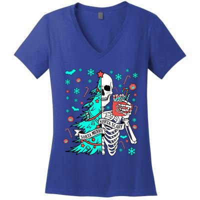 Sorta Merry Sorta Scary Funny Christmas Skeleton Tree Santa Gift Women's V-Neck T-Shirt