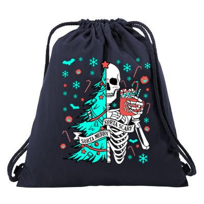 Sorta Merry Sorta Scary Funny Christmas Skeleton Tree Santa Gift Drawstring Bag