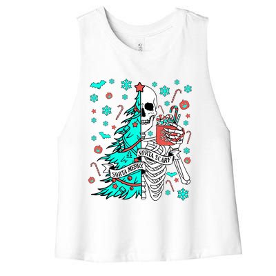 Sorta Merry Sorta Scary Funny Christmas Skeleton Tree Santa Gift Women's Racerback Cropped Tank