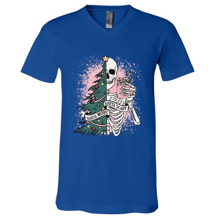 Sorta Merry Sorta Scary Funny Christmas Skeleton Bleached  V-Neck T-Shirt