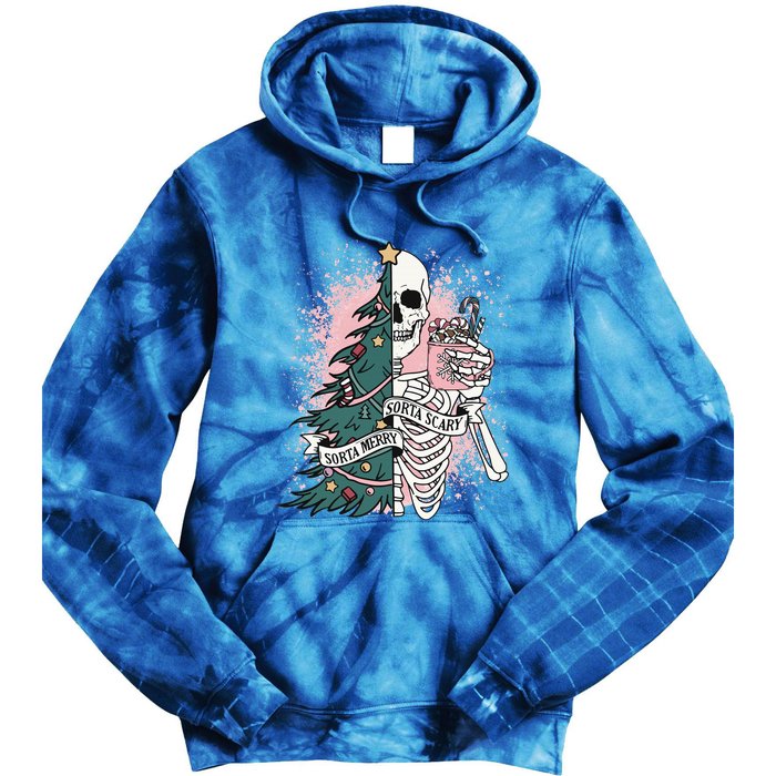 Sorta Merry Sorta Scary Funny Christmas Skeleton Bleached  Tie Dye Hoodie