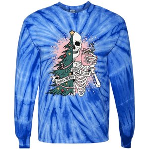 Sorta Merry Sorta Scary Funny Christmas Skeleton Bleached  Tie-Dye Long Sleeve Shirt