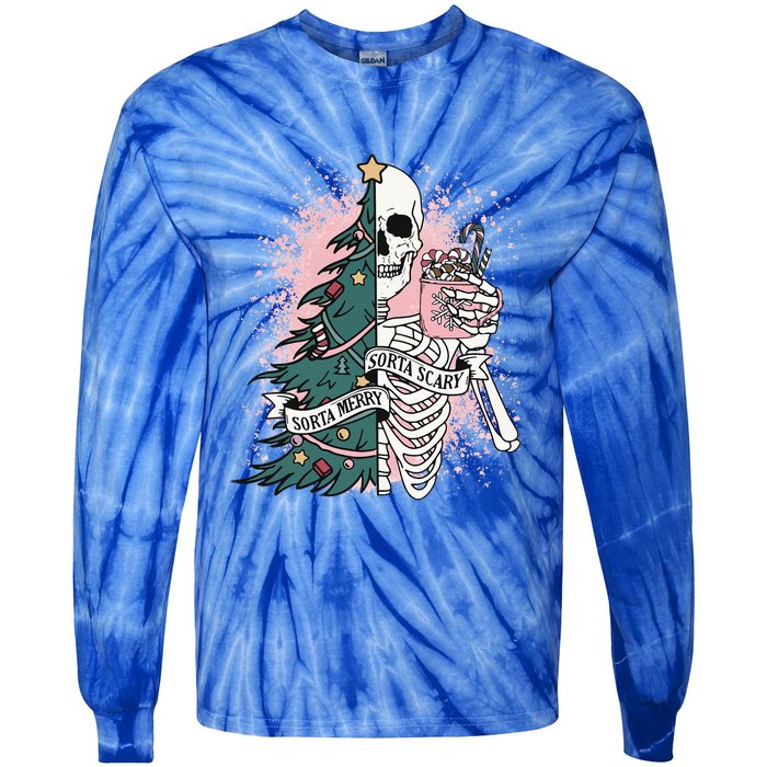 Sorta Merry Sorta Scary Funny Christmas Skeleton Bleached  Tie-Dye Long Sleeve Shirt