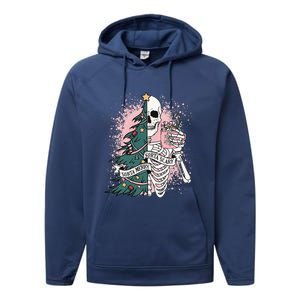 Sorta Merry Sorta Scary Funny Christmas Skeleton Bleached  Performance Fleece Hoodie