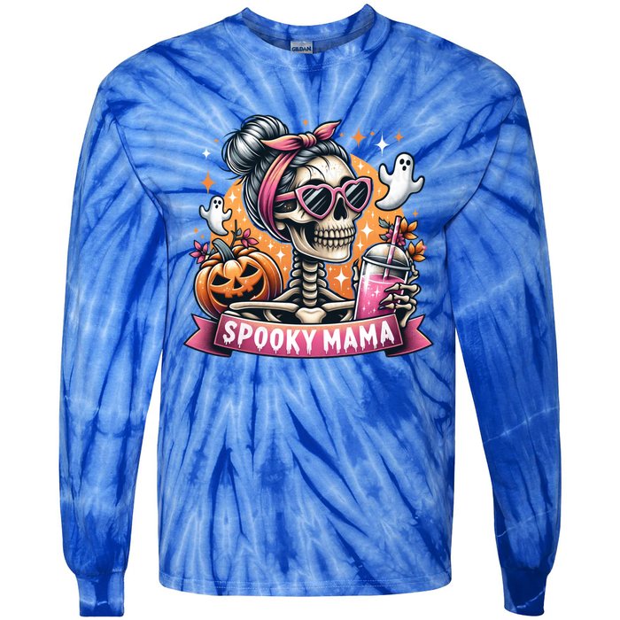 Spooky Mama Skeleton Mom Coffee Jack O Lantern Halloween Gift Tie-Dye Long Sleeve Shirt