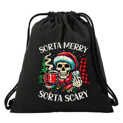 Sorta Merry Sorta Scary Retro Skeleton Hot Cocoa Christmas Drawstring Bag