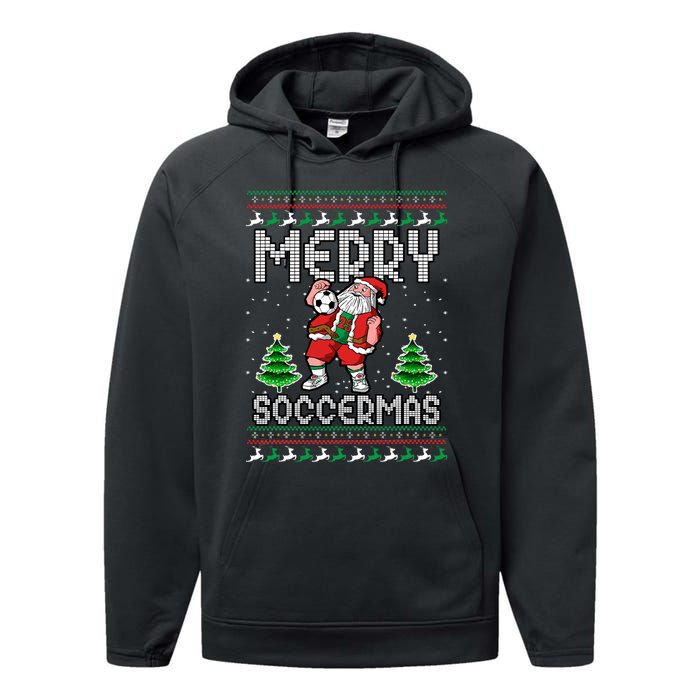 Soccer Merry Soccermas Ugly Christmas Sweater Santa Claus Performance Fleece Hoodie