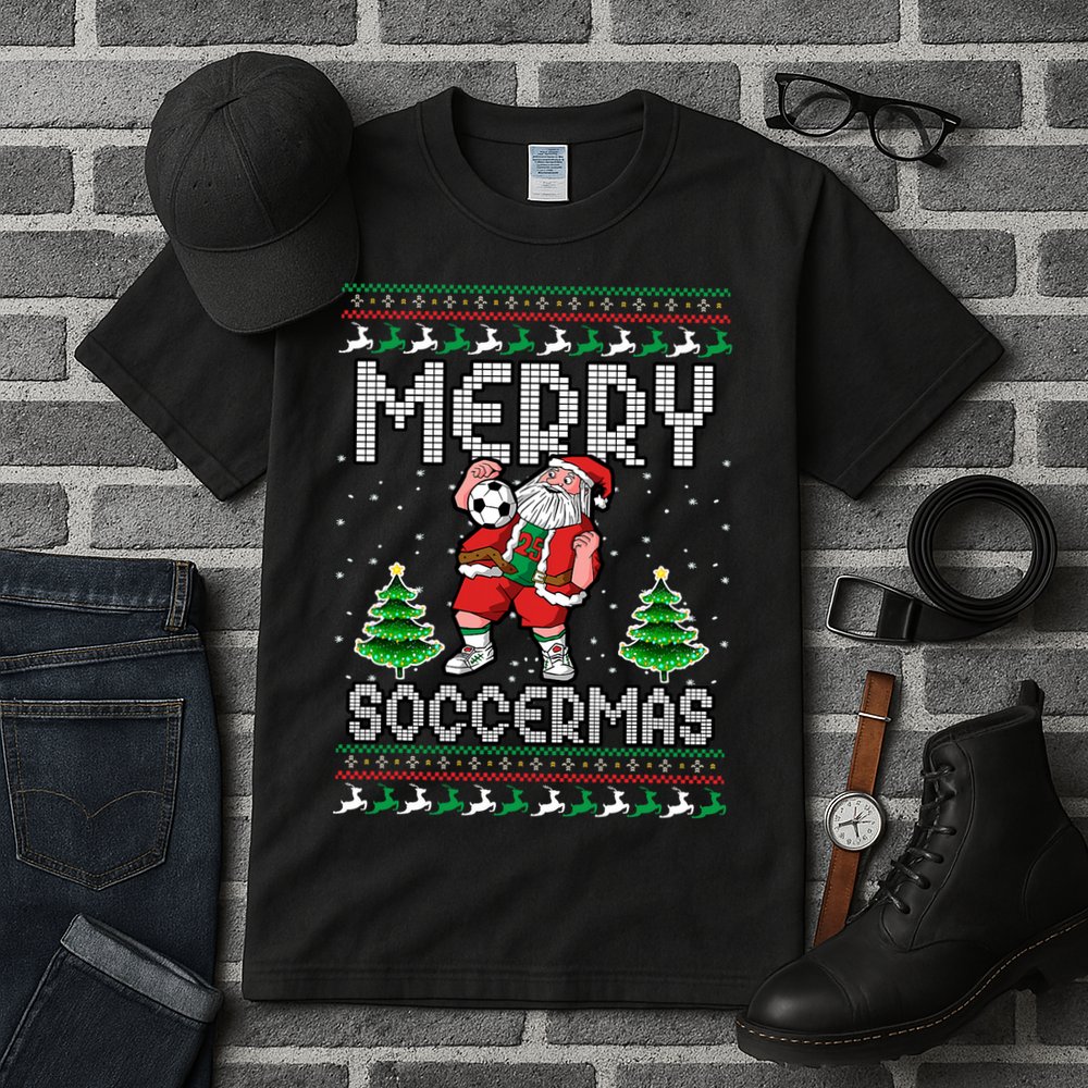 Soccer Merry Soccermas Ugly Christmas Sweater Santa Claus Tall T-Shirt