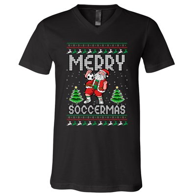 Soccer Merry Soccermas Ugly Christmas Sweater Santa Claus V-Neck T-Shirt