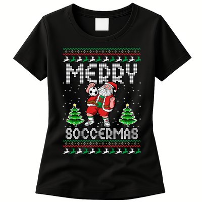 Soccer Merry Soccermas Ugly Christmas Sweater Santa Claus Womens T-Shirt