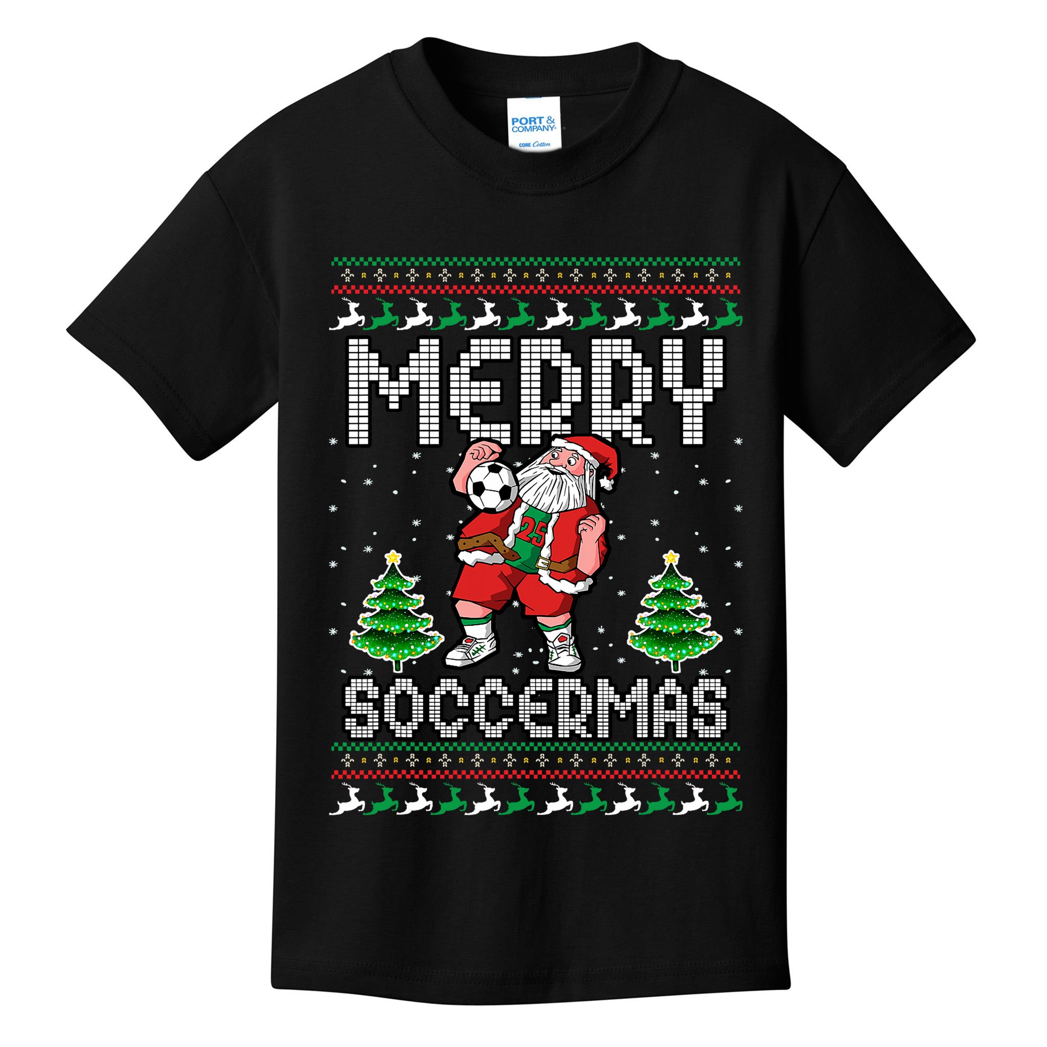 Soccer Merry Soccermas Ugly Christmas Sweater Santa Claus Kids T-Shirt