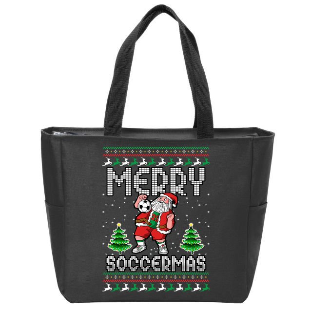 Soccer Merry Soccermas Ugly Christmas Sweater Santa Claus Zip Tote Bag