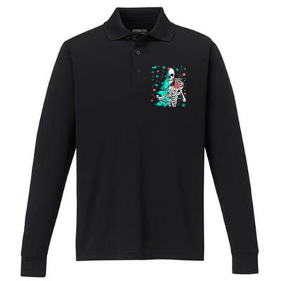 Sorta Merry Sorta Scary Funny Christmas Skeleton Tree Santa Performance Long Sleeve Polo