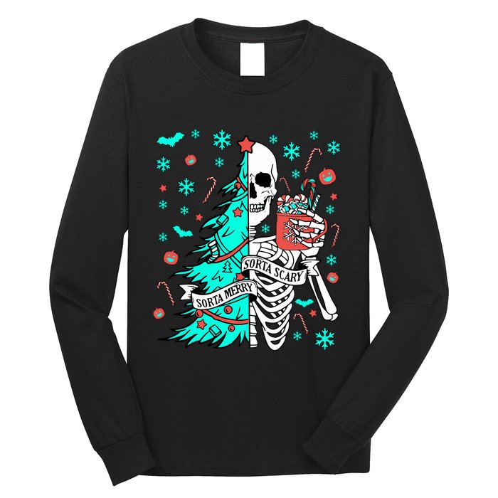 Sorta Merry Sorta Scary Funny Christmas Skeleton Tree Santa Long Sleeve Shirt