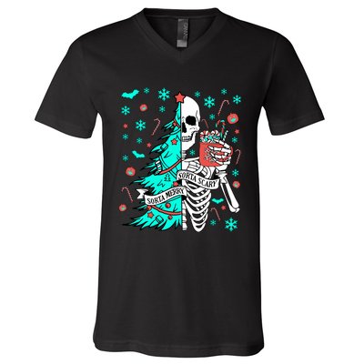 Sorta Merry Sorta Scary Funny Christmas Skeleton Tree Santa V-Neck T-Shirt