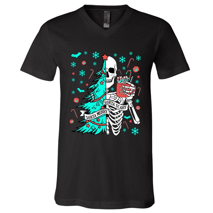 Sorta Merry Sorta Scary Funny Christmas Skeleton Tree Santa V-Neck T-Shirt