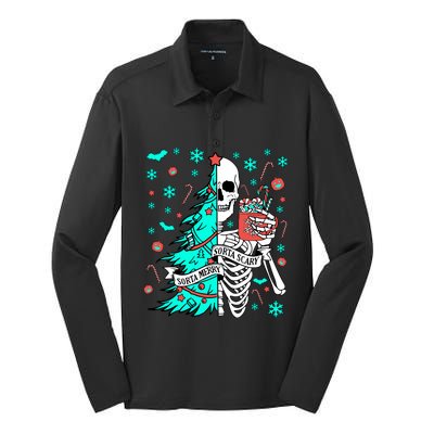 Sorta Merry Sorta Scary Funny Christmas Skeleton Tree Santa Silk Touch Performance Long Sleeve Polo