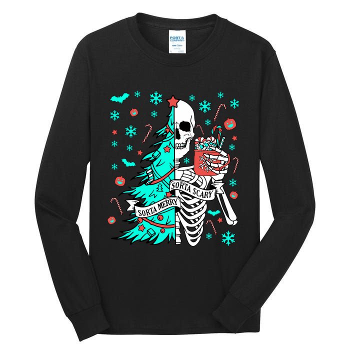 Sorta Merry Sorta Scary Funny Christmas Skeleton Tree Santa Tall Long Sleeve T-Shirt