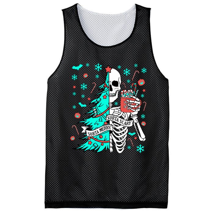 Sorta Merry Sorta Scary Funny Christmas Skeleton Tree Santa Mesh Reversible Basketball Jersey Tank