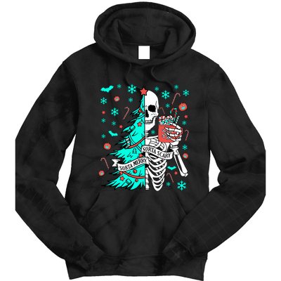 Sorta Merry Sorta Scary Funny Christmas Skeleton Tree Santa Tie Dye Hoodie