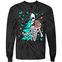 Sorta Merry Sorta Scary Funny Christmas Skeleton Tree Santa Tie-Dye Long Sleeve Shirt