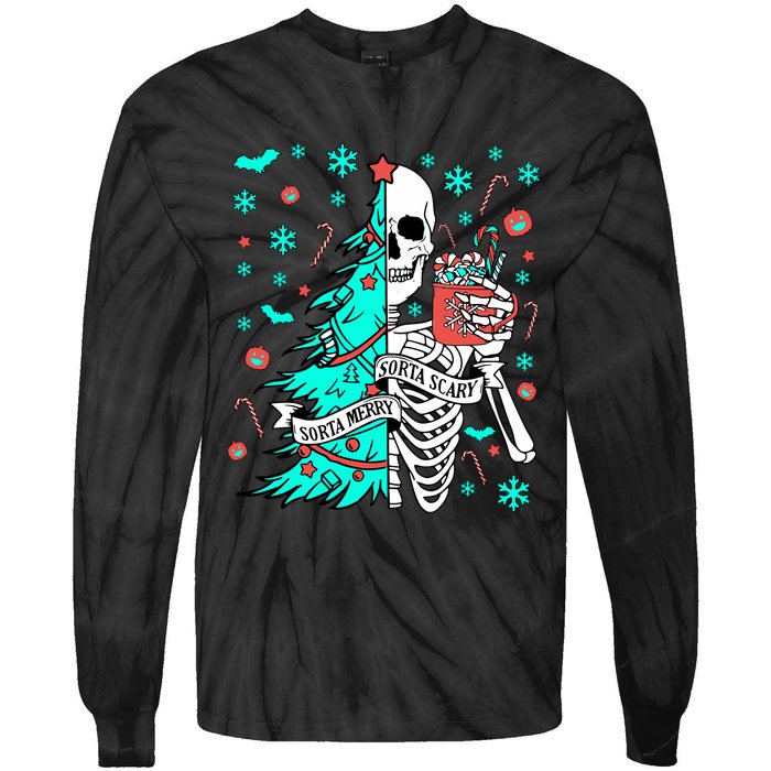 Sorta Merry Sorta Scary Funny Christmas Skeleton Tree Santa Tie-Dye Long Sleeve Shirt