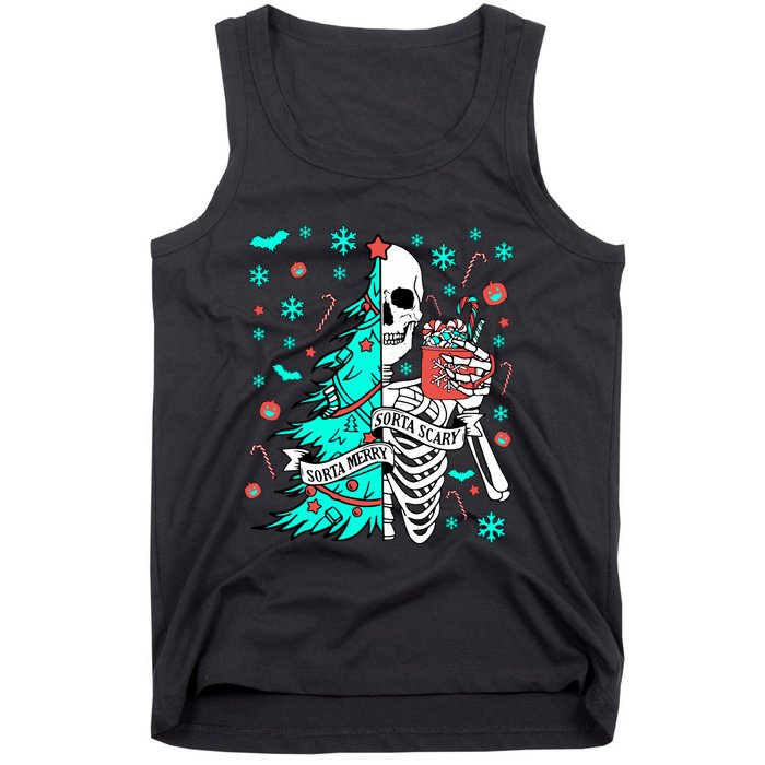 Sorta Merry Sorta Scary Funny Christmas Skeleton Tree Santa Tank Top